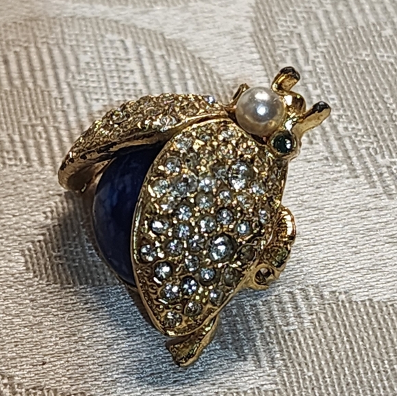 Vintage SPHINX Beetle Brooch Faux Lapis Pearl Rhinestone Bug Insect Pin - Picture 7 of 14